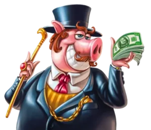 Illustration of an affluent pig character dressed in a formal suit with a top hat and cane, holding a bundle of cash, symbolizing high limit play in free slot machine games.