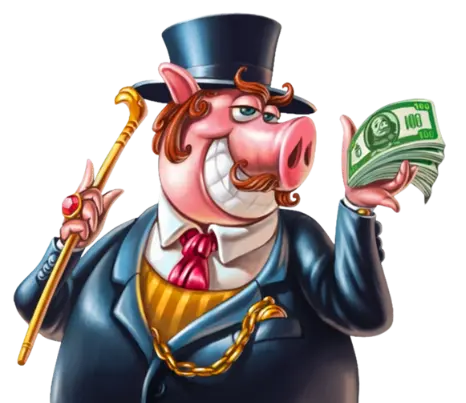 Illustration of an affluent pig character dressed in a formal suit with a top hat and cane, holding a bundle of cash, symbolizing high limit play in free slot machine games.