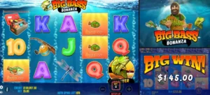 Exciting moment in the Big Bass Bonanza slot game with a big win announcement and high-value symbols on display.
