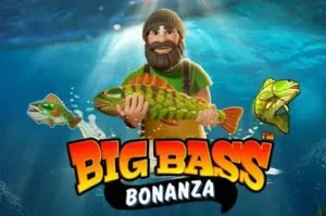 A cheerful fisherman with his catch in the Big Bass Bonanza logo.
