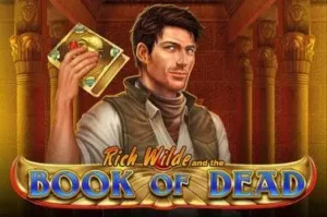 Adventurous Rich Wilde holding the golden Book of Dead in the game's logo.