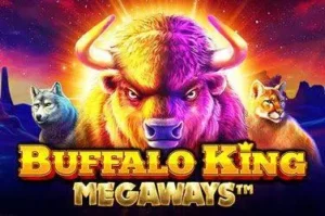 Buffalo King Megaways slot logo with powerful animal symbols under a starlit sky.