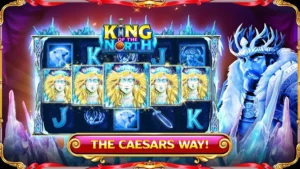 Icy 'King of the North' slot game screen from Caesars Slots featuring a majestic winter king and frosty symbols.