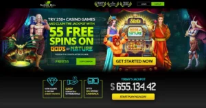 A promotional banner for an online casino offering 55 free spins on the "Gods of Nature" slot game and advertising a massive jackpot of $655,134.42. Casinos with welcome bonus such as these are common place.