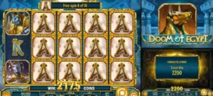 A full-screen win of 'A' symbols during the free spins feature in the Doom of Egypt slot game.