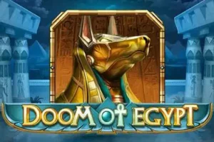 Stately Anubis statue flanked by Egyptian pillars in the Doom of Egypt logo.