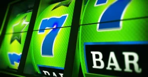 Close-up of a vibrant slot machine with lucky number 7 and BAR symbols for playing free slots to play for fun no money.