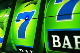 Close-up of a vibrant slot machine with lucky number 7 and BAR symbols for playing free slots to play for fun no money.