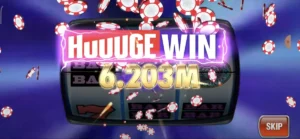 Slot machine from Huuuge Casino Slots displaying a 'Huuuge Win' with vibrant casino chips flying around.