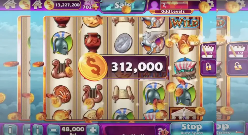 Winning spin on Jackpot Party Casino Slots with ancient Greek symbols and a 312,000 coin win.