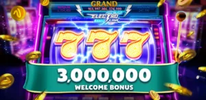 Electrifying slot machine display from MyVegas free Android slot game showing a 3,000,000 welcome bonus.