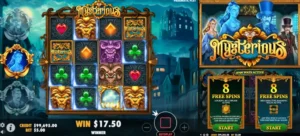 Mysterious slot game screen showing a gothic theme with unique symbols, a win amount, and free spins options