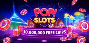 Bright and colorful 'Pop! Slots' promotional banner with neon lights and 10,000,000 free chips offer.