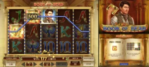 In-game screenshot of the popular Book of Dead slot game, featuring ancient Egyptian symbols and a winning line.