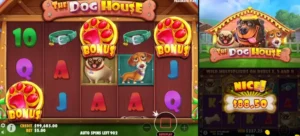 Screenshot of The Dog House slot by Pragmatic Play, showing a colorful interface with bonus symbols and a big win announcement.