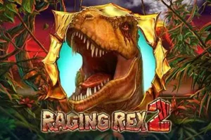 Raging Rex 2 slot logo with a fierce T-rex emerging from the jungle.