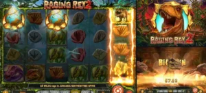 Slot interface of Raging Rex 2 with dinosaur symbols, wilds, and a fiery 'BIG WIN' animation.