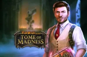 Intrepid explorer Rich Wilde stands before eerie ruins in the Tome of Madness slot.