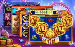 Dynamic Slotomania game screen displaying 'CRAZY TRAIN' wilds and a huge jackpot win.
