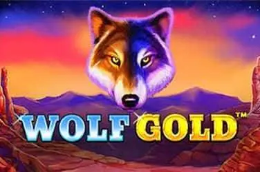 Majestic wolf gazes under a twilight sky in the Wolf Gold slot logo.