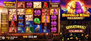 Buffalo King Megaways slot screen with high-definition animal symbols, a 'Sensational' win announcement, and dynamic gameplay features.