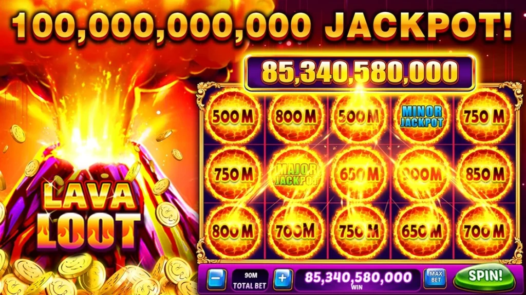 Explosive volcano jackpot win screen from Lotsa Slots with fiery coins and massive win numbers.