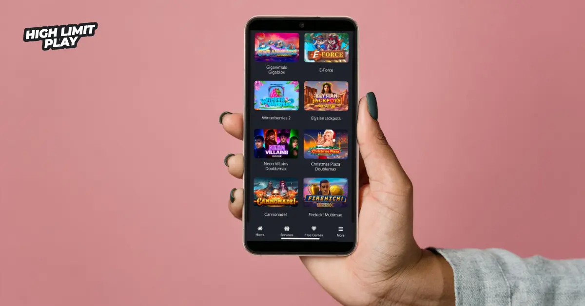 Hand holding a smartphone displaying a selection of free slot machine games without downloading or registration, showcasing High Limit Play
