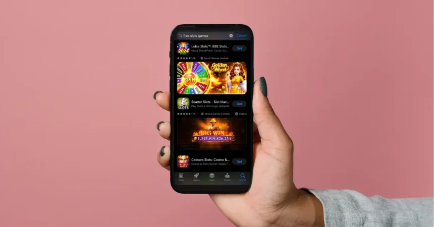 Hand holding a smartphone displaying a selection of the best free slot games for Android on a mobile app store.